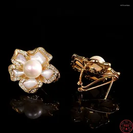 Backs Earrings S925 Sterling Silver Clips For Women Fashion Gold Plated 3D Flowers Freshwater Pearl Zircon Ear-clips