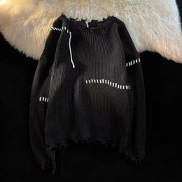 Men's Sweaters Round Neck Sweater Fringe Tassel Warm Knitted Pullover With Ripped Detail Loose Fit For Fall Winter Solid Color