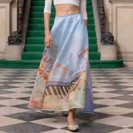 12.30 Runway Fashion Poster Print Silk Linen Long Flared Skirt Women