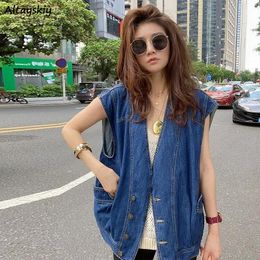 Vests Vests Women Chic Vneck Retro Denim Loose Stylish Ladies Overcoat Simple Pure Allmatch Spring Basic Female Clothing Outwear Ins