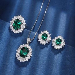 Necklace Earrings Set Party Gift Green Emerald Full Zircon Pendant Stud Adjustable Ring Women Jewellery