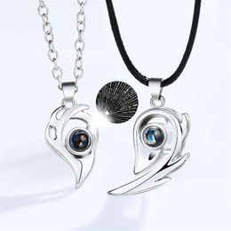 Pendant Necklaces 2pcs Magnetic Heart Couple 100 Languages I Love You Projection Necklace For Women Men Fashion Jewelry2513