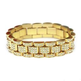 Whole-Fashion Gold Fully Iced Out Hip Hop crystal Bracelet Mens Cuban Bracelet Men s Simulated Bling Rhinestones Bangles329l