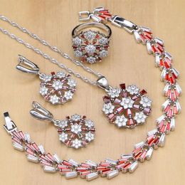 Bracelets Flower Shaped Sier Jewelry Sets Red Cz White Crystal Beads for Women Wedding Earrings/pendant/necklace/rings/bracelet