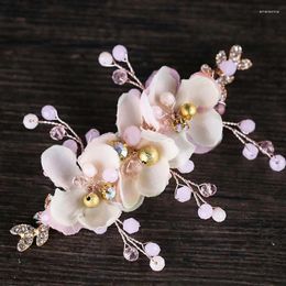 Hair Clips Romantic Pink Flower Headband Bride Tiaras Wedding Clip Jewelry Accessories Coroa De Noiva Acessorio Para Cabelo