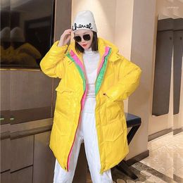 Women's Trench Coats Winter Women Mid-length Colour Matching Cotton Padded Jacket Stand Collar Hooded Green Yellow Pink Casual Female