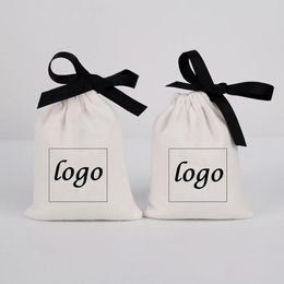 Anklets 100pcs Cotton Bags Custom Jewelry Storage Packaging Ribbon Gift Pouch White Canvas Drawstring Display Wedding Favors Bag