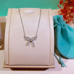 925 Sterling Silver Bow Pendant Necklace Diamond Clavicle Chain Women Jewellery Whole Valentine's Day2502