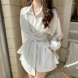 Women's Blouses Spring Summer White Polo Neck Long Sleeve Blouse Solid Color Trend Lacing Shirt Tops Fashion Street Casual Women Clothing