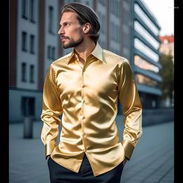 Men's Casual Shirts Mens Gold Silk Satin Shirt 70s Disco Dance Nightclub Dress Men Party Wedding Long Sleeve Chemise Homme 2XL