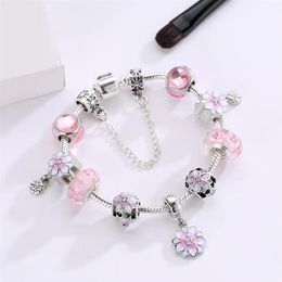 16 to 21CM pink oriental cherry charm bracelet 925 silver snake chain flower beads fit DIY Wedding Jewelry Accessories for new yea266W