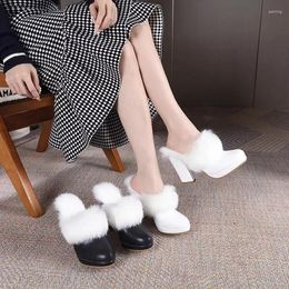 Dress Shoes Baotou Waterproof Platform Half Slippers For Women's Winter Luxury Design Hair Ultra High Heel Thick Banquet Hai