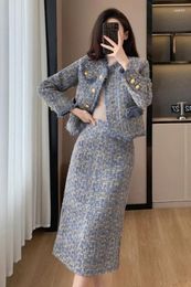 Two Piece Dress French Style Women's Tweed Suit Jacket Skirt Set 2023 Autumn And Winter Office Lady Elegant Coat Long Two-piece