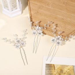 Fashion Flower Hairpin Wedding Hair Accessories For Women Crystal U-shaped Hair Clip Bridal Tiaras Headdress Marrige Jewelry