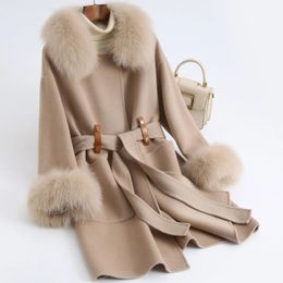 Fur Pudi Women Winter Real Fox Fur Coat Jacket 2021 Female Lady Over Size Wool Blends Parka Trench Cape Z21172