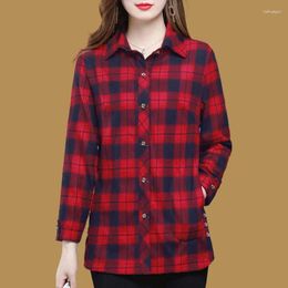 Women's Blouses Spring And Autumn Fashion POLO Collar Plaid Button Pocket Casual Versatile Long Sleeve Slim Fit Mid Length Shirt Tops