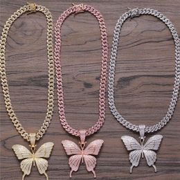 Fine Jewelry Gold Plated Micro Paved CZ Cubic Zircon Diamond Cuban Link Chain with Butterfly Necklace Hip Hop Jewelry327Y