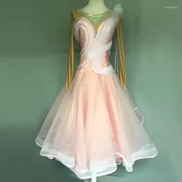 Stage Wear Standard Ballroom Dress Adult Design Light Pink Show Clothing Women Long Sleeved Waltz Dance Competition Dresses