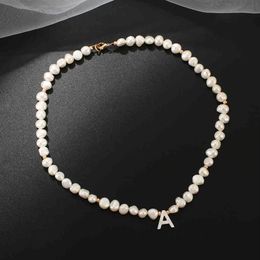 Real Freshwater Pearl Necklace Choker For Women Alphabet A-Z Shell Letter Initial Buckle Gold Color Pendant Jewelry Gift260E