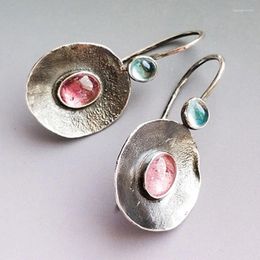 Dangle Earrings Vintage Round Pink Stone Ethnic Jewelry Ancient Silver Color Metal Geometric Mosaic Sea Blue Zircon
