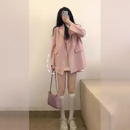 Women's Suits Double-breasted Pink Suit Jacket 2023 Autumn Korean Style Loose Design Sense Casual All-match Small Blazer Top