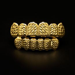 Bio Copper 18K Gold Plated Hip Hop Bling Jewellery Teeth Grillz Caps Top & Bottom Golden Grill Set Tooth Socket Hallowmas Party Prop226Z