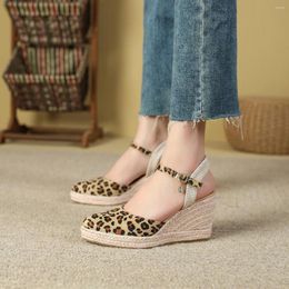 Sandals Size 35-42 Straw Wedges Shoes Summer Leopard Wedge Women's 8.5cm High Heels
