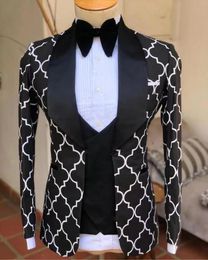 Jackets Customise Latest Fashion Coat Black White Plaid Wedding Suits for Men Formal 3piece Groom Prom Mans Suit Jackets Vest and Pants