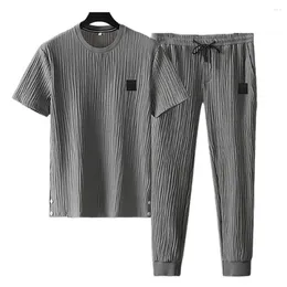 Men's Tracksuits Men Outfit Summer Pleated Tracksuit Set Soft Breathable Shirt Pants Two-piece Casual Sports Suit For Daily Wear High Ice