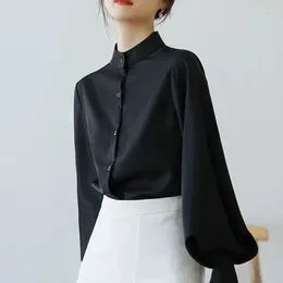 Women's Blouses Vintage Chiffon Shirts Women Lantern Sleeve Black White Korean Office Lady Elegant Solid Loose Casual Tops