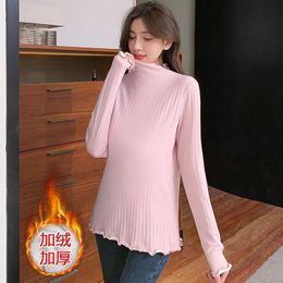 Shirts 2022 winter pregnant women warm shirts with velvet solid Colour long sleeve turtleneck pleated maternity basic tops slim tshirt