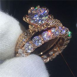 Classic Flower Lovers ring 3ct Clear 5A Zircon Cz Rose Gold Filled 925 silver wedding band rings set for women Men Jewelry286P