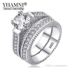 YHAMNI 100% Real 925 Sterling Silver Rings Set Hearts and Arrows 1ct CZ Diamond Wedding Rings for Women Double Engagement Ring MR12173