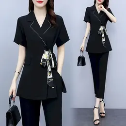 Women's Two Piece Pants Insozkdg Summer Set Short Sleeve Lace Up Blazer And Elastic Waist Pencil Suit Office Lady Outfits