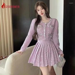 Work Dresses 2023 Autumn Elegant Purple Sequin Crystal Rhinestone Tweed Set Women's High Quality Long Sleeve Jacket Top Pleated Skirt