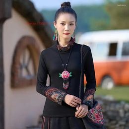 Ethnic Clothing 2023 Chinese Improved T-shirt National Flower Embroidery Stand Collar Shirt Vintage Hanfu Tops Oriental Tang Suit Base