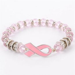 Breast Cancer Awareness Beads Bracelets Pink Ribbon Bracelet Glass Dome Cabochon Buttons Charms Jewelry Gifts For Girls Women269G