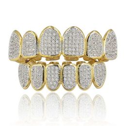 Gold Silver Plated Hip Hop Vampire Teeth Grillz Top and Bottom Iced Out Micro Pave CZ Stone Bling Body Jewelry305D