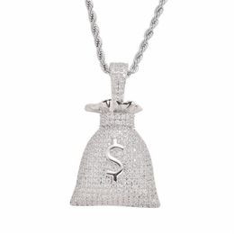 US Dollar Money Bag Pendant With Tennis Chain Gold and Silver Color Cubic Zircon Men's Hip hop Necklace Jewelry For Gift184L