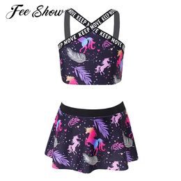 set Kids Girls Cartoon Print Tankini Swimwear Two Pieces Swimsuit Cross Straps Swimming Top Flounce Skirted Shorts Bathing Beachwear