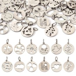 Pendant Necklaces 24Pcs 304 Stainless Steel Charms With Jump Ring Hollow Flat Round Charm For Jewellery Making DIY Bracelet Necklace