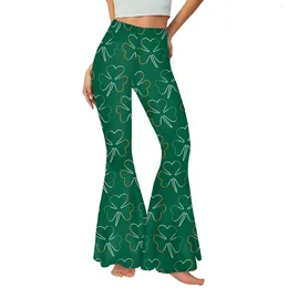 Women's Pants Irish Traditional St Patrick Day Shamrock 3D Printed Green Women Casual Mid Waist Trousers Ladies Streetwear Bell Bottoms