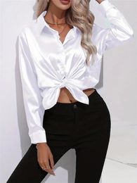 Women's Blouses Solid Smoothly Shirt Elegant Button Front Turn Down Collar Long Sleeve Clothing