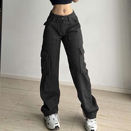 Vintage Cargo Pants Overalls Baggy Jeans Women Casual Fashion 90s Streetwear Big Pockets High Waist Straight Denim Trousers