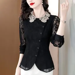Women's Blouses Spring Autumn Doll Collar Solid Colour Lace Jacquard Spliced Irregular Shirt Fashion Casual Long Sleeve Slim Tops