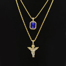 Mens Hip Hop Jewelry sets Mini Square Ruby Sapphire Full crystal Diamond Angel wings pendant Gold chain necklaces For male Hiphop 229e