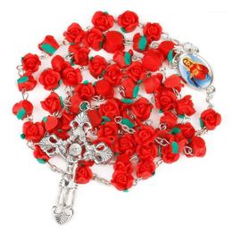 Five Decade Our Lady 8mm Polymer Clay Rose Beads Rosary Catholic Necklace With Holy Soil Medal Crucifix Religious Cross Necklace1250z