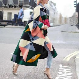 Raincoats Autumn Vintage Colourful Block Print Women Long Coat 2020 Fashion Long Lantern Sleeve Jackets Fashion Ladies Elegant Windbreaker