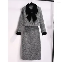 Two Piece Dress UNXX 2023 Autumn Winter Skirt Suits High-end Woolen Bow Jacket Tweed Blazer High Waisted Slim Two-piece Sets Women