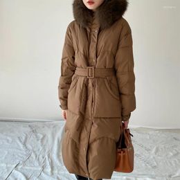 Women's Down Winter Casual Solid Colour Belt Decorated With Frayed Hooded Long Jacket
